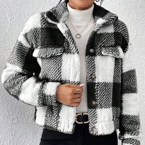 Black and white plaid fluffy jacket